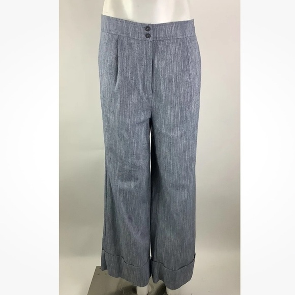 NWT Anthropologie Sz M Wide Leg Cuffed Trousers Blue 100% Cotton Dolan - Picture 1 of 8